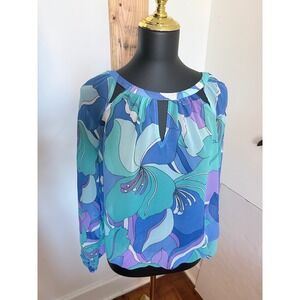 Jennifer Lopez Sheer Floral Peasant Blouse Blue Purple Boho Top Small